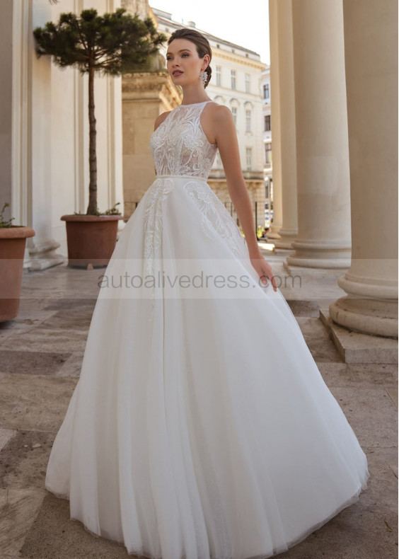 Halter Beaded Ivory Lace Tulle Sheer Back Wedding Dress